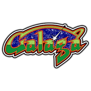 May include: A graphic sticker featuring the word Galaga in a stylized, bold font. The letters are split horizontally with a green lower section and a dark blue, star-filled space background on the upper section, accented by a bright white star.