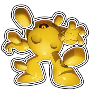 May include: A yellow cartoon character with a single red eye and a white outline. The character has a round body with several protruding shapes and is in a dynamic pose with one arm outstretched.