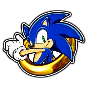 May include: A sticker featuring the blue hedgehog character Sonic with spiky hair, green eyes, and a tan muzzle, positioned behind a large, metallic gold ring. The character is wearing white gloves and is pointing forward with one hand.