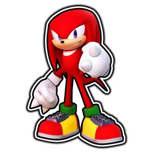 May include: A red anthropomorphic character with large white gloves featuring two spikes on each hand. The character has purple eyes, a tan muzzle, and wears green cuffs above red and yellow shoes with grey accents, standing in a forward-facing pose.