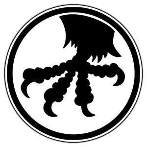 May include: A black and white circular graphic featuring a stylized bird's claw. The claw is centered within a white circle, which is framed by a thick black border. The design has a bold, graphic quality.