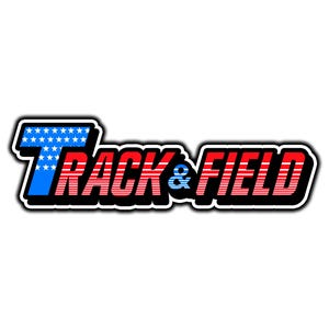 May include: A graphic design featuring the words "TRACK & FIELD" in bold, outlined text. The word "TRACK" is in blue with white stars, and "FIELD" is in red. The ampersand is in blue and white.