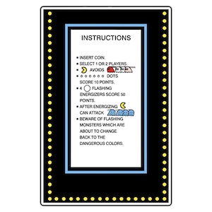 May include: A rectangular sign with a black border and yellow lights. The sign has a blue border and white background with instructions for a game, including how to score points and avoid monsters.