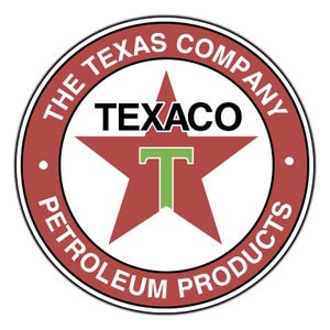 May include: A circular Texaco logo with a red star and the word "TEXACO" in black. The logo is surrounded by a red ring with the words "THE TEXAS COMPANY PETROLEUM PRODUCTS" in white.