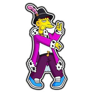 May include: Cartoon character illustration of a man in a purple coat with black and white trim, a black hat with a pink feather, and blue sneakers. The character is giving a peace sign with his right hand.