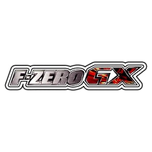 May include: A sticker featuring the text "F-ZERO GX" in a stylized, metallic design. The letters "F-ZERO" are in silver with a black outline, while "GX" is in red with a fiery effect, all set against a white background.