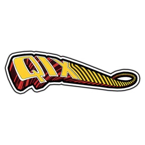 May include: A sticker with the word "QIX" in yellow, outlined in black, with a red and black striped pattern. The design extends into a striped tail, with a white border.