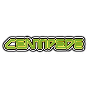 May include: A sticker with the word "CENTIPEDE" in a neon green, outlined in black and white. The text has a retro video game aesthetic, perfect for fans of classic arcade games or retro designs.