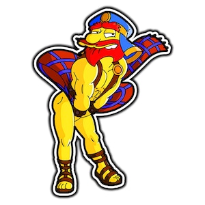 May include: A cartoon illustration of a muscular yellow figure wearing a blue and red hat, a red beard, and brown sandals. The figure is posed with arms crossed, and a brown and blue patterned cape is behind them.