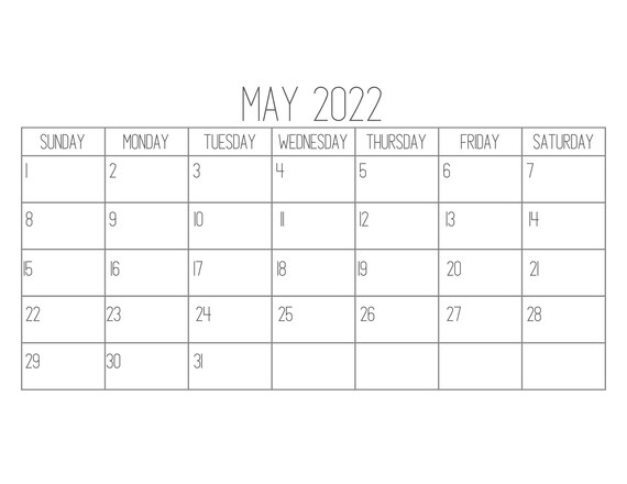 blank may calendar 11 x 8 5 inches horizontal pdf printable etsy