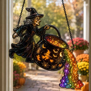 魔女の大釜レインボーサンキャッチャー、ハロウィン魔女の窓飾り、不気味で魔法のような秋のデコレーションギフト