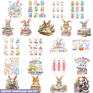 Puede incluir: Una colección de gráficos con temática de Pascua que presentan conejos leyendo libros, usando gafas y rodeados de huevos coloridos. El texto incluye "All Booked for Easter" y "Every Bunny Loves to Read."