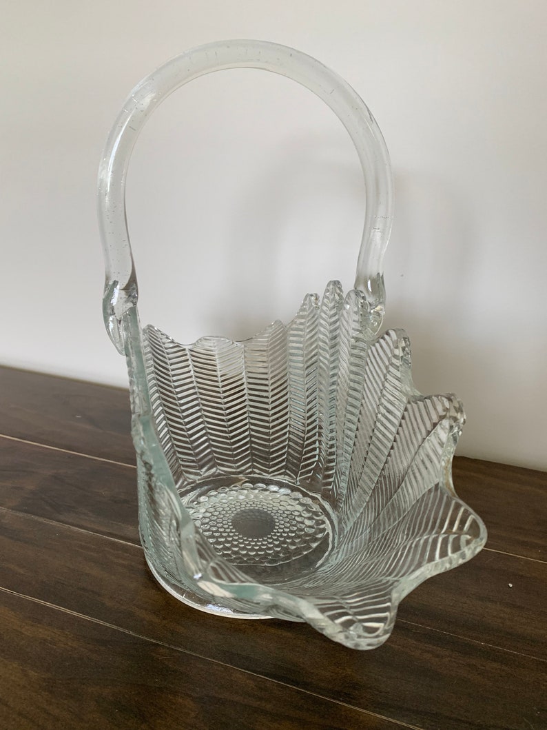 L.E. Smith Glass Feather Basket With Handle Etsy