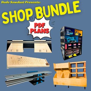 Wood Shop Bundle: Scrap Wood Storage, Shop Cabinets, Sanding Storage, Track Saw Rail Guide Tool Holder, Shelf Pin Jig
