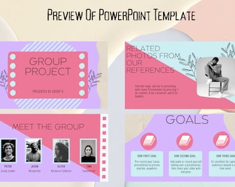May include: A PowerPoint template with a pink and purple color scheme. The template features a group project title slide, a slide to introduce the group members, and a slide outlining the project goals. The template includes images of people and a book icon.