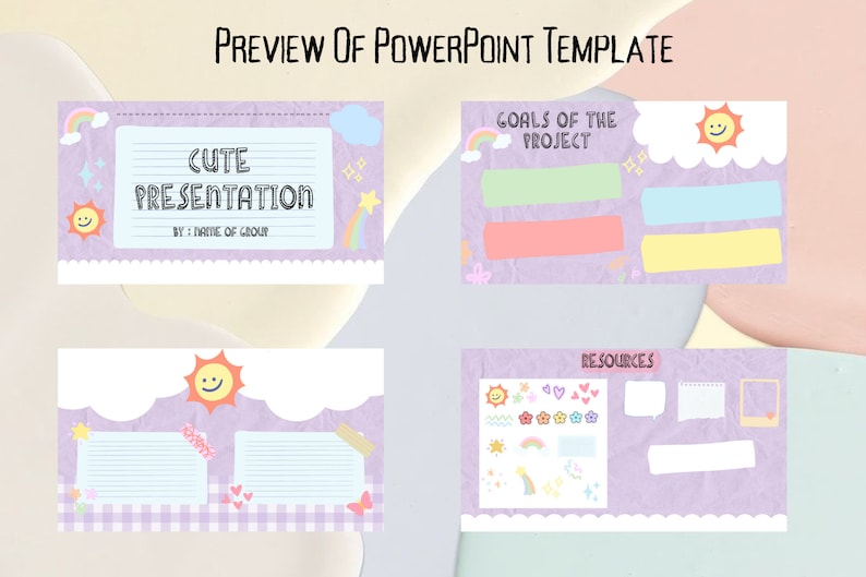 May include: A PowerPoint presentation template with a cute, colorful design. The template features a title slide with the text "Cute Presentation" and a slide with the text "Goals of the Project". The template also includes a slide with the text "Resources" and a variety of cute illustrations, including rainbows, stars, and clouds.
