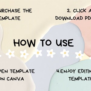 May include: A colorful graphic with instructions on how to use a template. The text reads "1. Purchase the template", "2. Click and download PDF file", "3. Open template on Canva", and "4. Enjoy editing the template".
