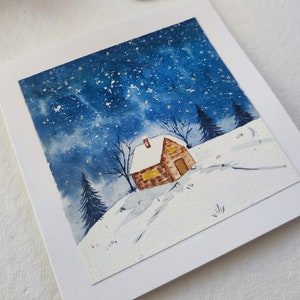 Handgemalte Aquarell Weihnachtskarte | Original-Gemälde Kunstwerk | Handarbeit | Landschaft | Winternacht | Grußkarte | Sake behalten