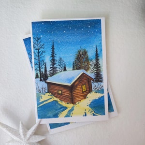 Hand-painted Christmas cards | Handmade holiday greeting cards | Cosy cottage | Watercolor painting | Drawing | Winter landscape | Artwork