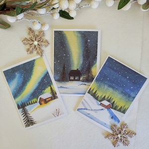 Set van 3/6 kaarten noorderlicht | Handgeschilderde wenskaart | Kerstmis | Winters tafereel | Nachtelijke hemellandschap | Aquarel schilderij |