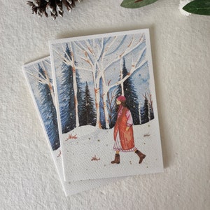 Biglietto d'auguri dipinto a mano / Ragazza nel bosco innevato / Inverno / Natale / Vagabondo / Acquerello / Biglietto d'auguri / Tutte le occasioni