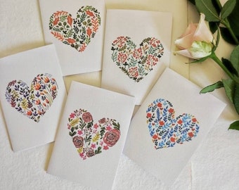 Set of 5 hand-painted cards |Greeting card | Floral and heart design | Notelets | Handmade | Watercolor | All occasions | Keepsake