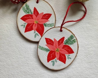 Hand painted Christmas ornament | decorations | Wood slice tree | Bauble | Poinsettia | Red flower | Unique gift | Keep sake