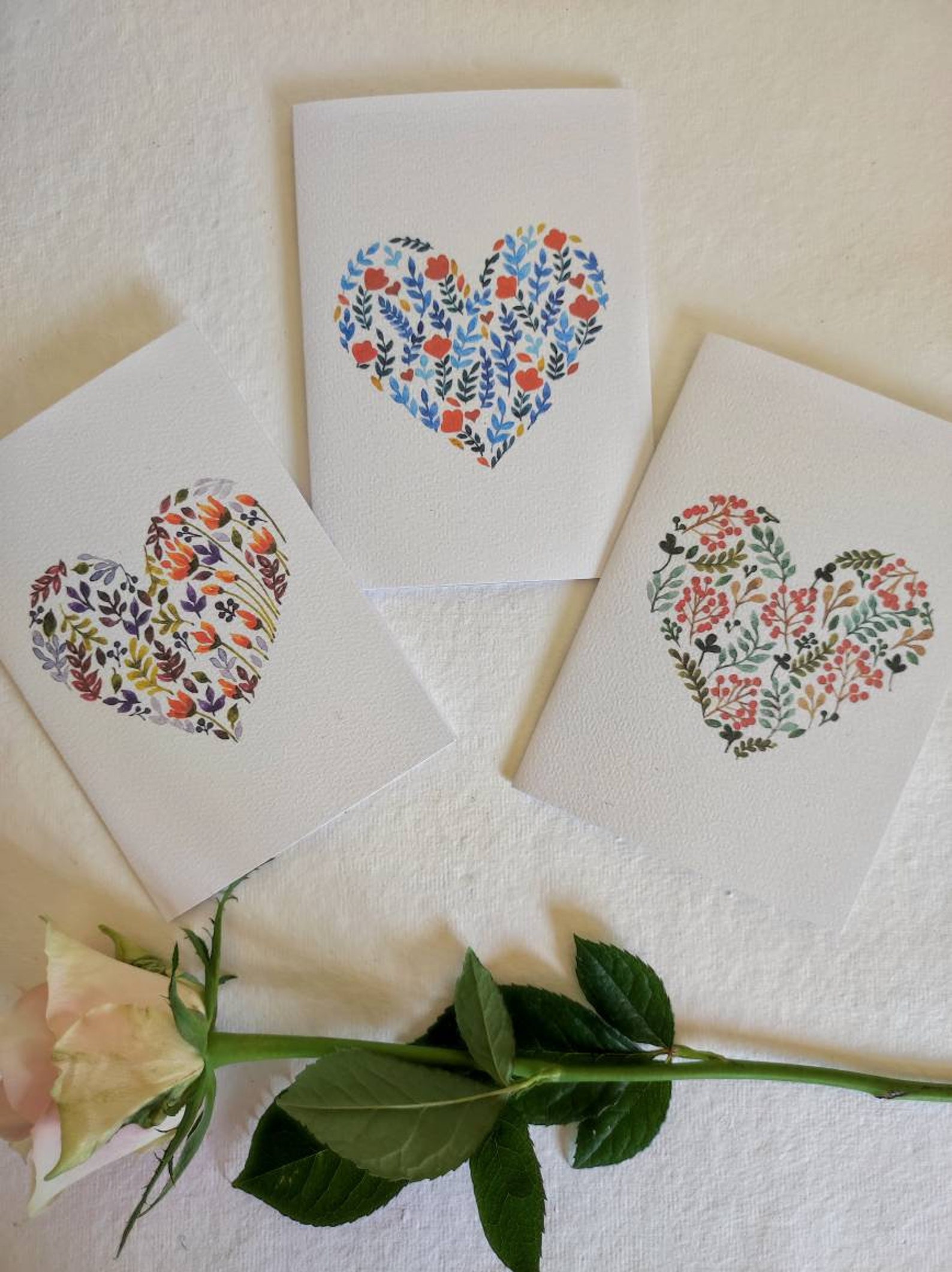 Set of 5 Hand-painted Cards |greeting Card | Floral and Heart Design ...