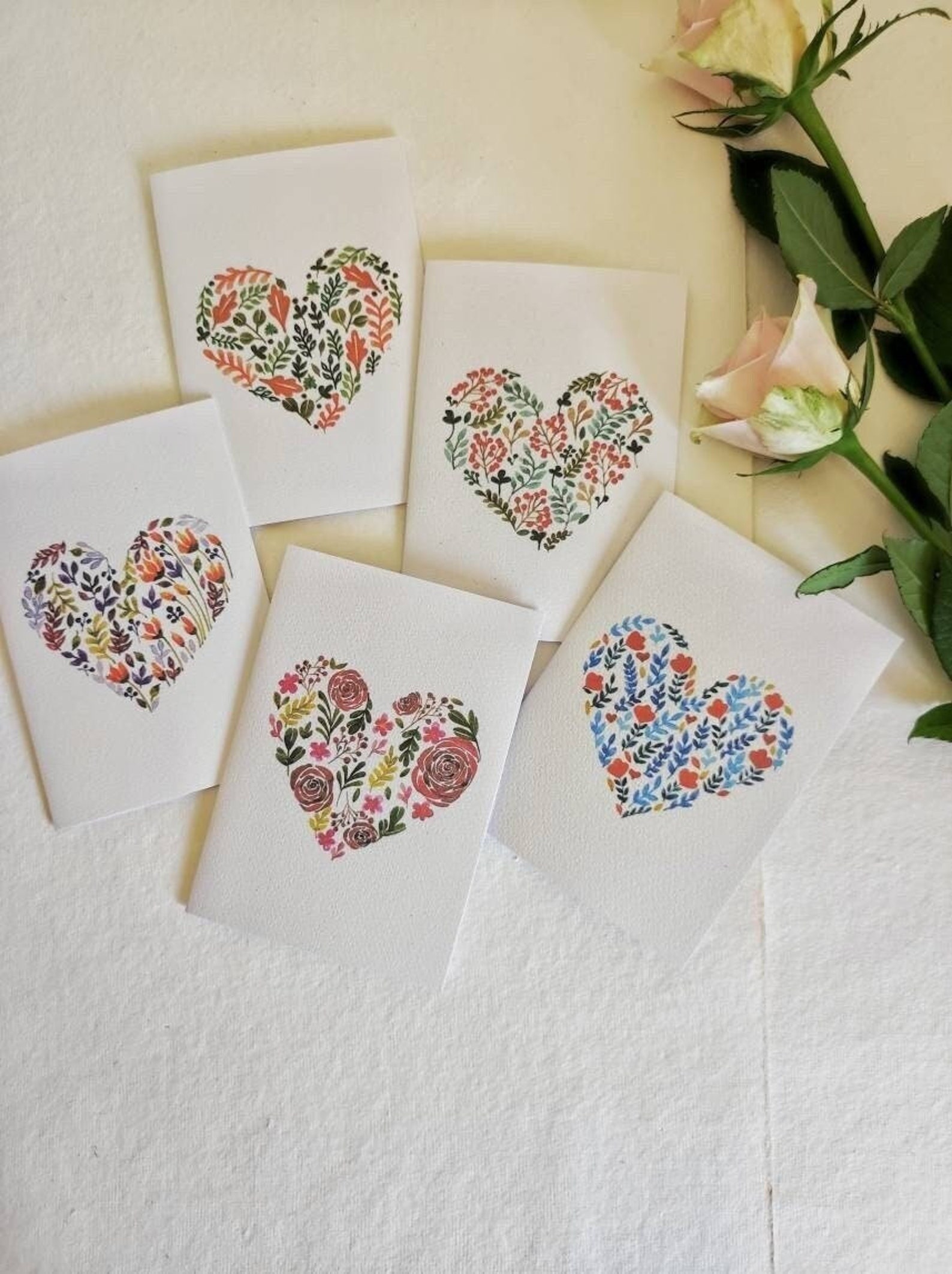 Set of 5 Hand-painted Cards |greeting Card | Floral and Heart Design ...