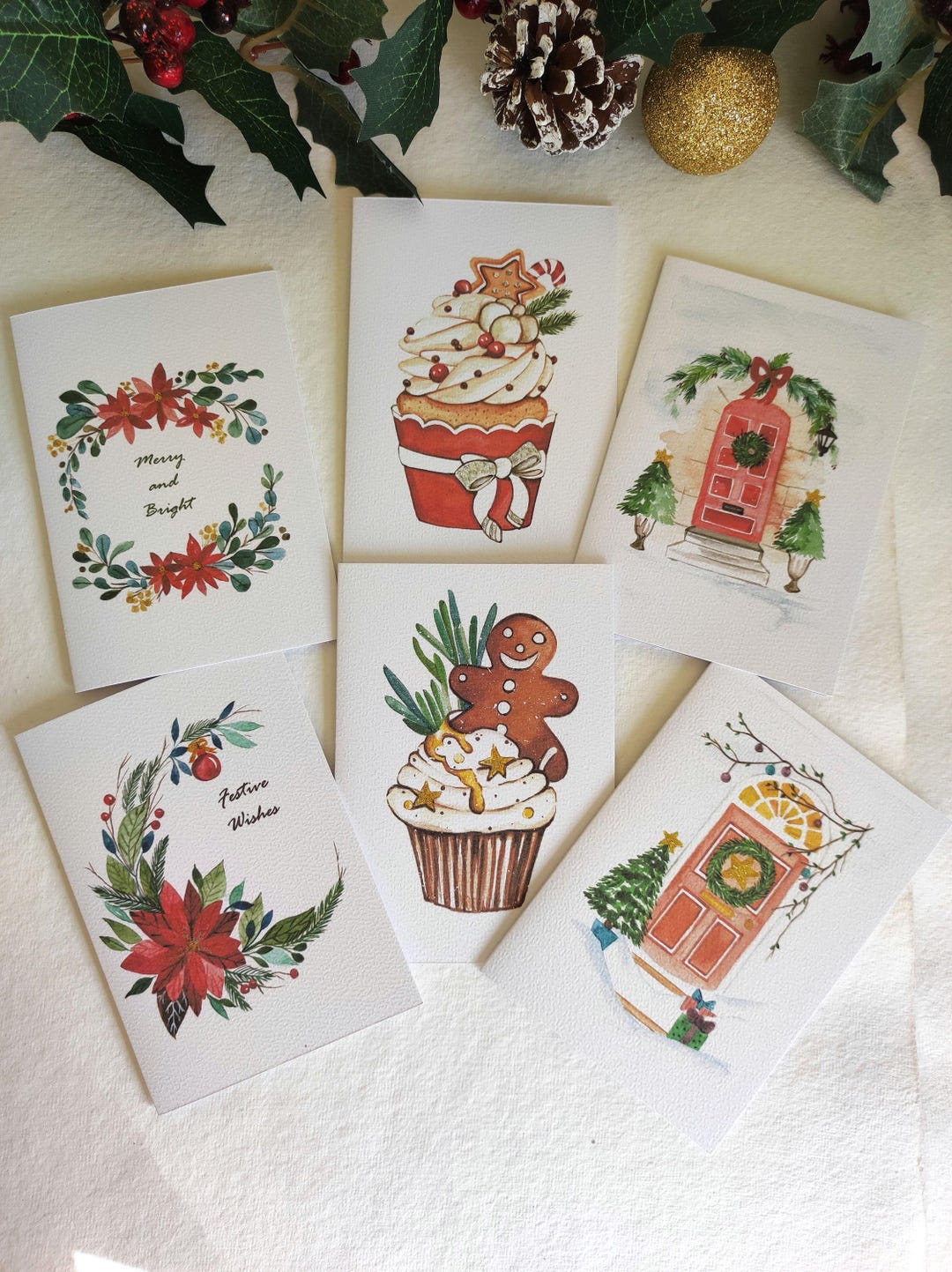 Hand-painted Christmas Cards set of 6/10 All About Christmas Wreaths ...