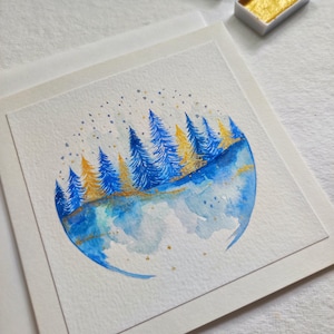 Cartão de felicitações pintado à mão | Obra de arte original | Pintura em aquarela | Paisagem | Moderno | Único | Presente