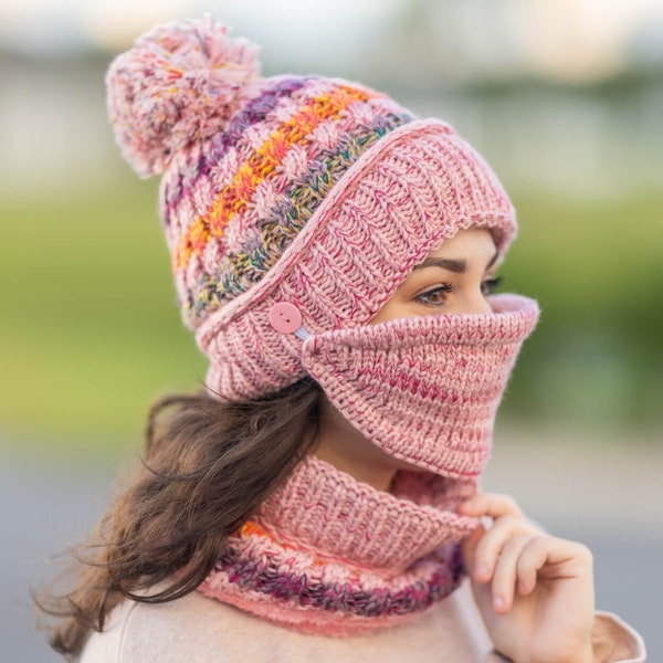 Ensemble de chapeaux et de masques de bonnet d’hiver, foulard de chapeau tricoté, chapeau épais en tricot chaud, cadeau pour elle, foulard, chapeau d’hiver pour femmes, ensemble d’écharpe de chapeau