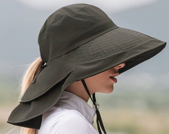 Cappello a tesa larga con coda di cavallo Protezione solare UPF 50 con risvolto per il collo dell'orecchio, Cappello da esterno, Cappello da escursionismo da pescatore, Cappello a tesa larga pieghevole, Protezione per il collo