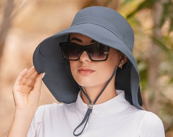 Ponytail Wide Brim Hat UPF 50 Sun Protection with Ear Neck Flap, Outdoor Hat, Fisherman Hiking Hat, Foldable Wide Brim Hat, Neck Protection