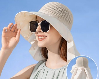 Cappello elegante a tesa larga con paraorecchie, protezione solare UPF50+, cappello traspirante, cappello da esterno, cappello estivo, cappello da sole per donna, protezione per il collo