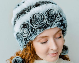 Women Faux Fur Rosette Winter Beanie Hat, Fake Fur, Rabbit Fur Hat, Warm Hat, Pompom Hat, Fur Hat for Women, Female Winter Hat, Gift for Her