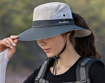 Cappello da sole per donne, cappello a coda di cavallo pieghevole, protezione solare UPF 50+, cappello da esterno, cappello da escursionismo da pescatore, cappello a tesa larga, pescatore, regalo per lei