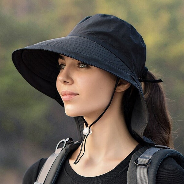 Wide Brim Hat UPF 50 Sun Protection with Ear Neck Flap, Outdoor Hat, Fisherman Hiking Hat, Ponytail, Foldable Wide Brim Hat, Neck Protection