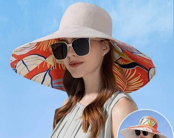 Chapeau de soleil réversible en coton uni et imprimé à large bord pour femme, chapeau d'été, chapeau de soleil pour femme, chapeau souple, chapeau de plage, chapeau en coton réversible