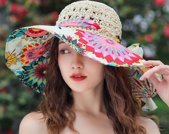 Frauen heller Blumen gewebter Folding Bucket Hat, Sommerhut, Sonnenhut für Frauen, Sommer-Floppy-Hut, Stroh-Sonnenhut, Strandhut, Strohhut-Frauen