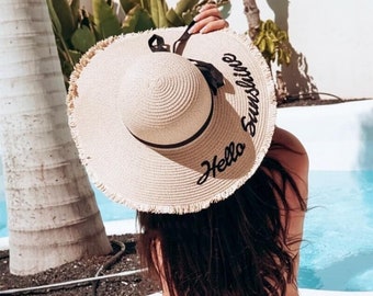 Wide Brim Straw Hat with Black Ribbon, Hello Sunshine Floppy Straw Hat, Summer Hat, Sun Hat For Women, Summer Floppy Hat, Beach Hat, Sunhat