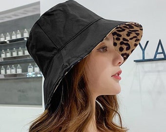 Women Flat Top Leopard Print Reversible Bucket Hat, Summer Floppy Hat, Leopard Print Hat, Bucket Hat Women, Foldable Hat, Gift for Her
