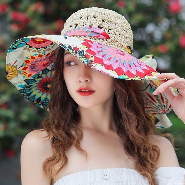 Women's Bright Floral Woven Folding Bucket Hat, Summer Hat, Sun Hat For Women, Summer Floppy Hat, Straw Sun Hat, Beach Hat, Straw hat women