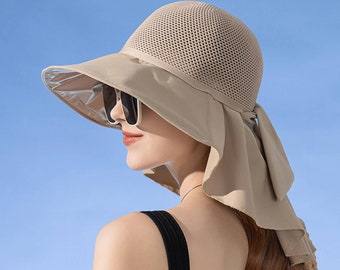 Cappello elegante a tesa larga con paraorecchie, protezione solare UPF50+, cappello traspirante, cappello da esterno, cappello estivo, cappello da sole per donna, protezione per il collo