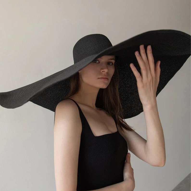 Chapeau de soleil à bord extra large pour femme, chapeau de soleil surdimensionné UPF 50, bord repliable, chapeau de disquette géant, chapeau de soleil en paille extra large, chapeau de plage, chapeau de soleil Black