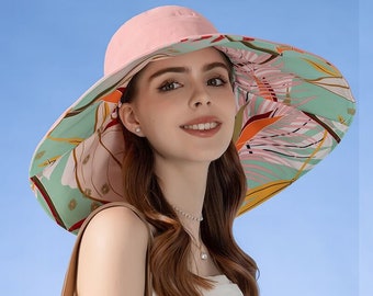 Women's Reversible Plain and Printed Wide Brim Cotton Sun Hat, Summer Hat, Sun Hat For Women, Floppy Hat, Beach Hat, Reversible Cotton Hat