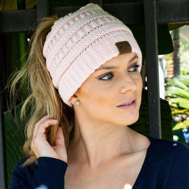 UpdateClassic Women's Winter Beanie - Knit Hat With Hole For Messy Bun Or Ponytail (Blue, One Size)