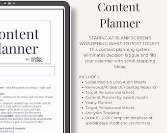 Puede incluir: Un planificador de contenido digital en una tableta, con el título "Content Planner" y el texto "Staring at blank screens wondering what to post today?" Incluye hojas de auditoría de redes sociales y blogs, y una base de datos de días especiales de 2026.