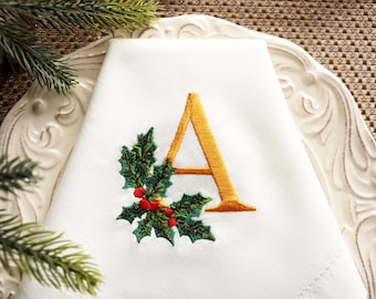 Christmas personalized embroidered napkins, monogrammed napkins, holiday table decorations, elegant linen guest dinner napkin