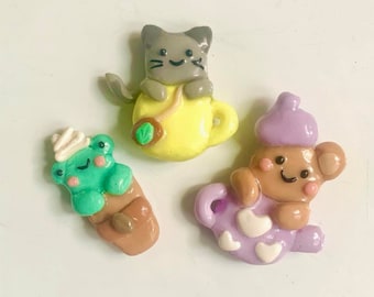 Café Magnets - polymer clay, magnet, café, coffee, tea, frog, bear, cat, teacup, cute, clay art
